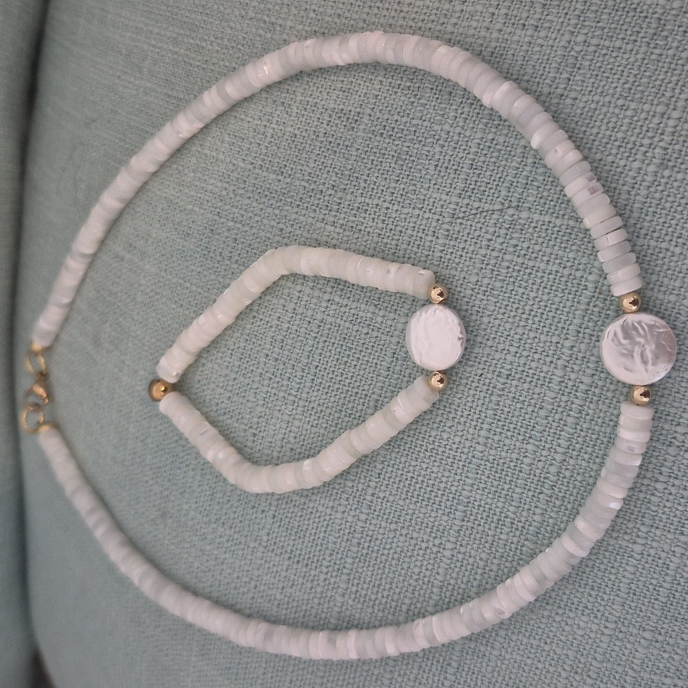 Natural Mother.of Pearl White Slices Of Pearl Rings & Pearl Coin Choker,Braclet - Picture 6 of 7